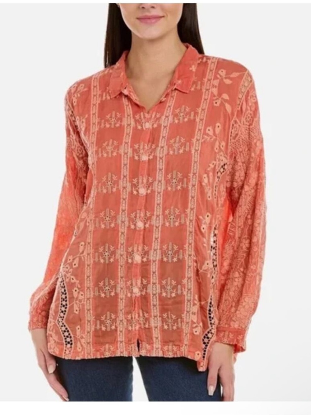 Johnny Was Blossom Rosie Embroidered Button-Front Blouse Size XL